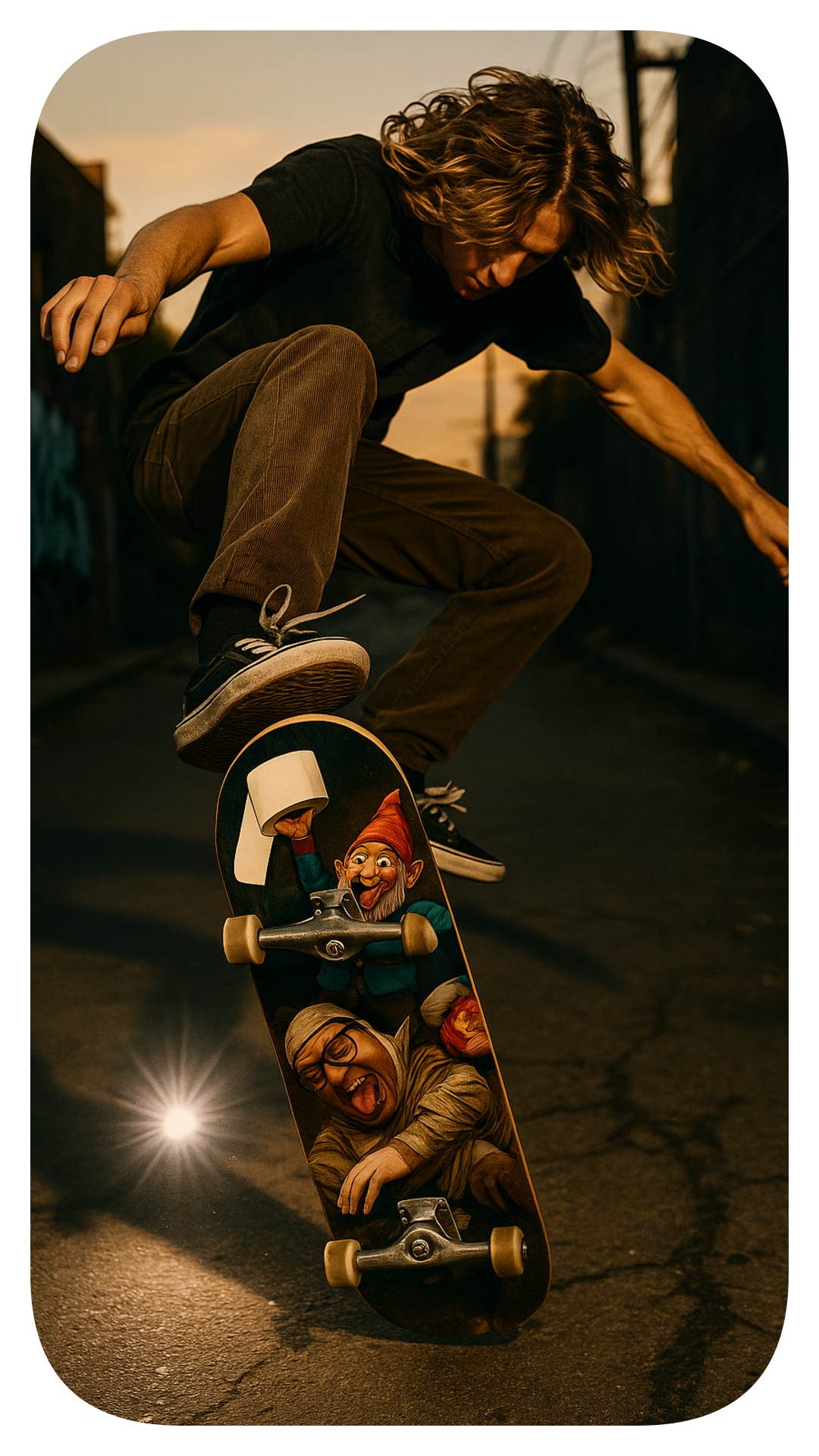 Skateboard deck mockup featuring the TP gnomes parody artwork