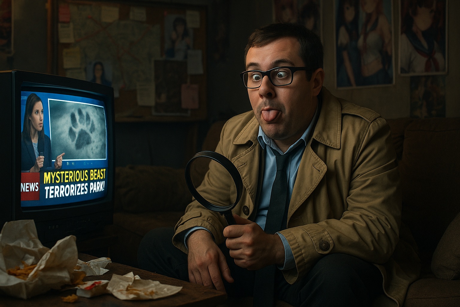 Paul watches a news report about a mysterious beast in the park, tongue out and magnifying glass ready.