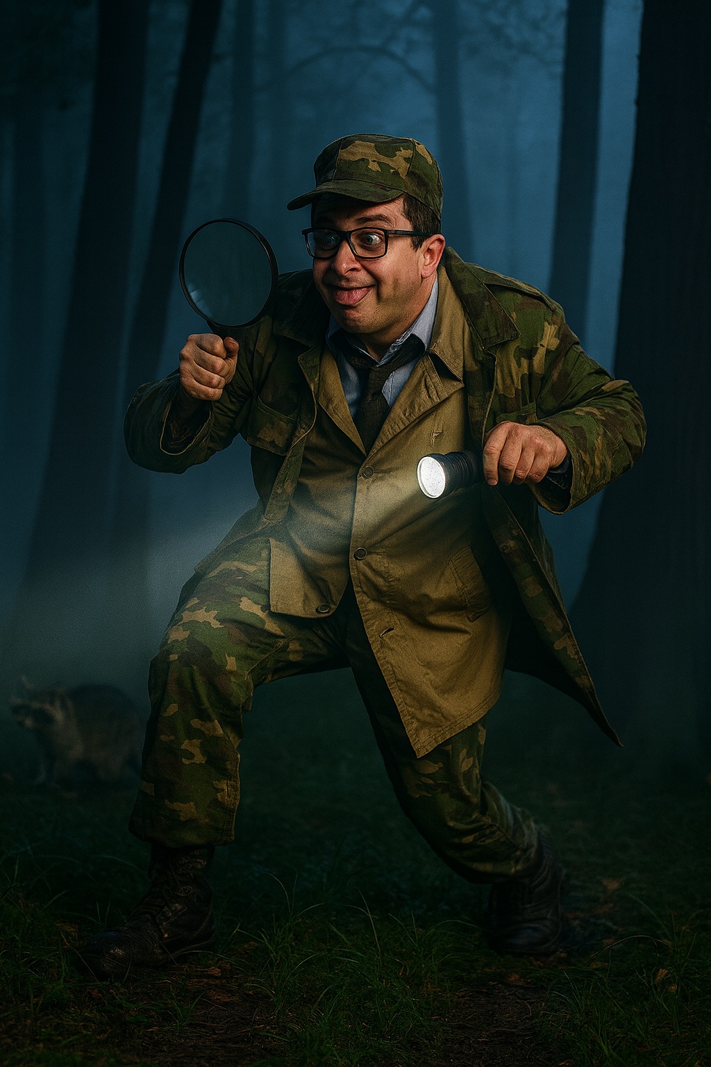 Paul in camouflage creeps through a foggy park at night, holding a flashlight and magnifying glass.