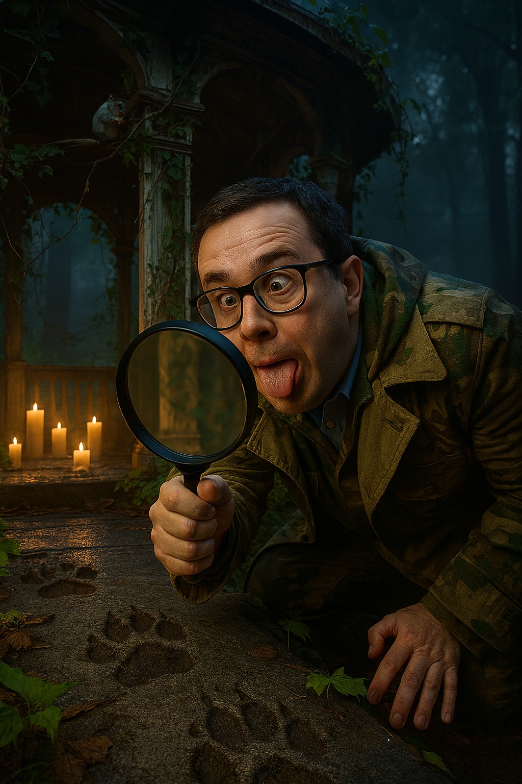 Paul kneels by muddy prints near an old gazebo with candles, tongue out in exaggerated concentration.