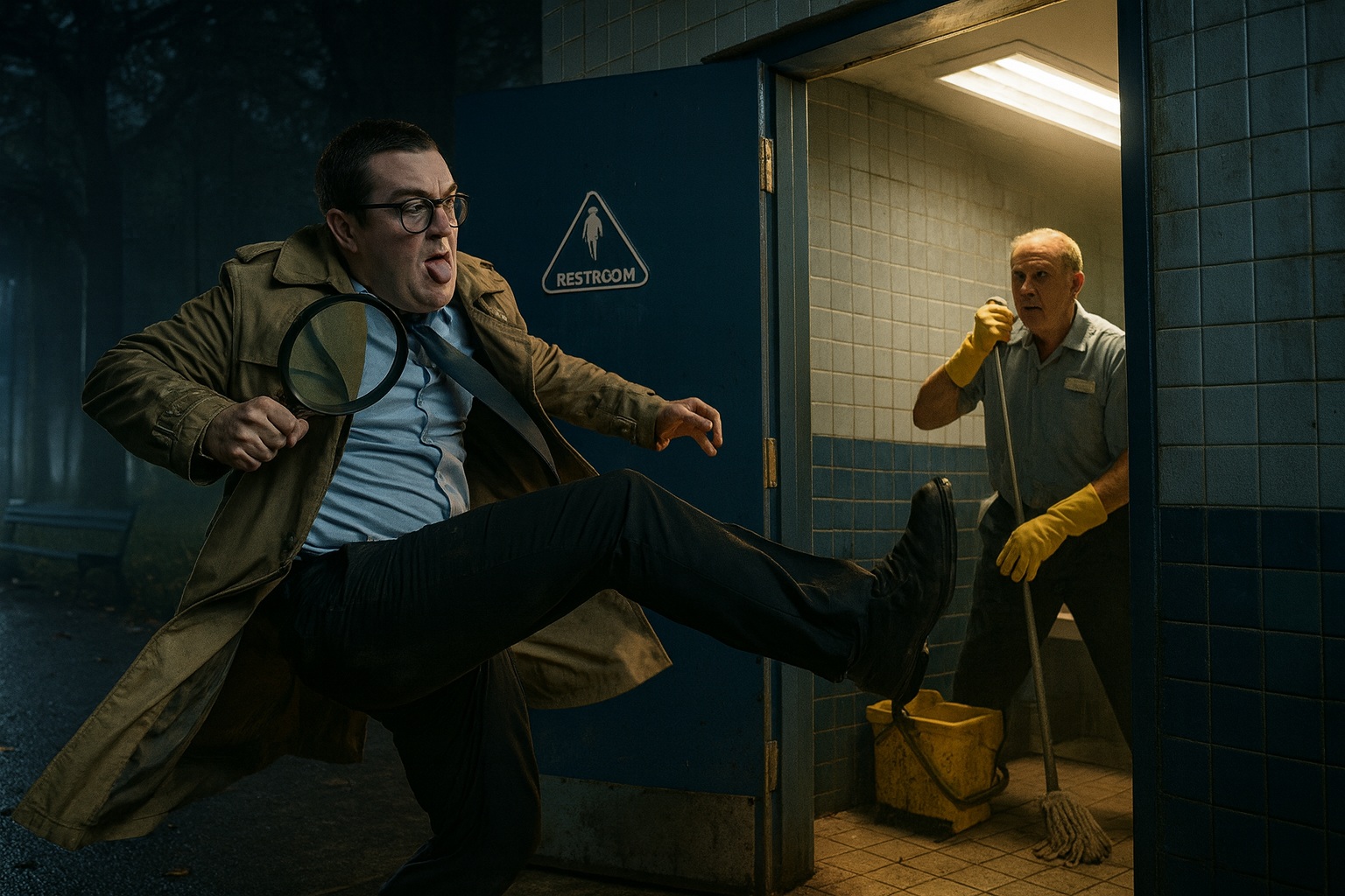 Paul kicks open a park restroom door, startling a janitor while waving a magnifying glass.