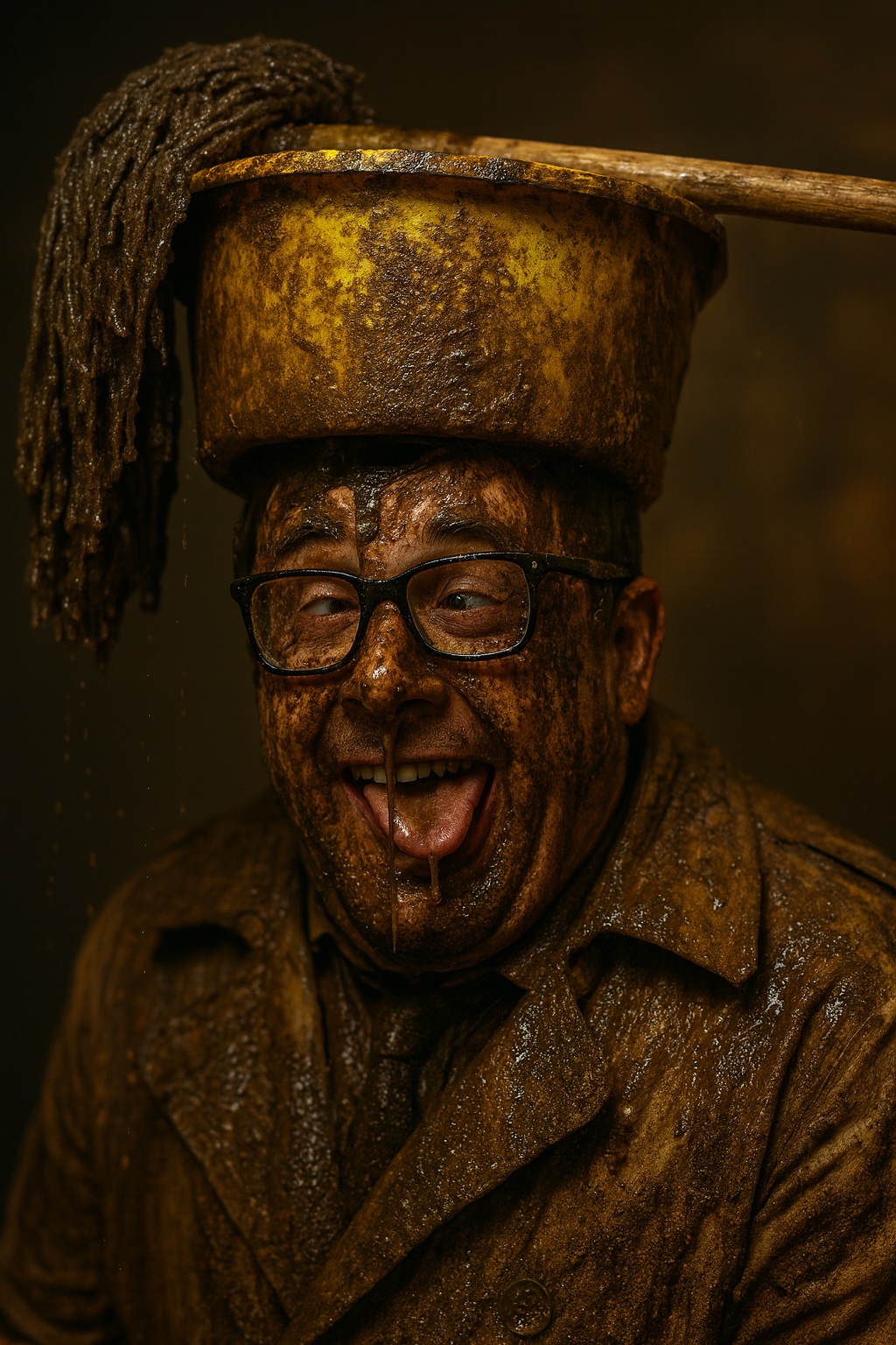 Paul drenched head to toe in filthy mop water, wearing a bucket like a crown while grinning in humiliation.