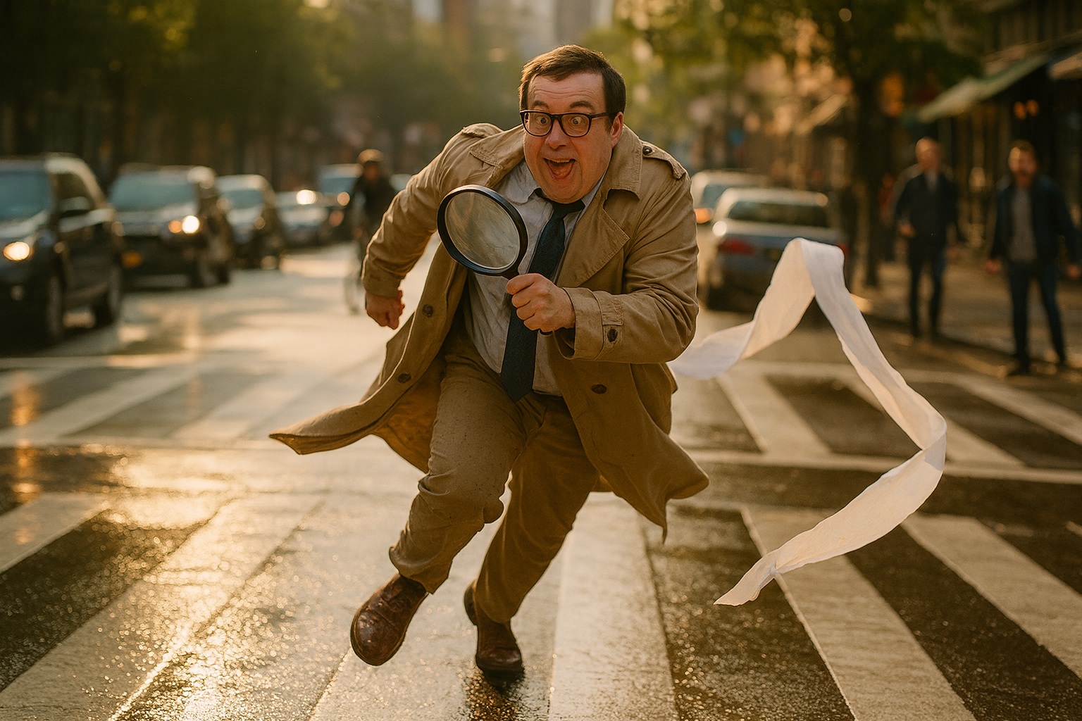 Paul runs across traffic chasing a runaway toilet paper roll, magnifying glass in hand.