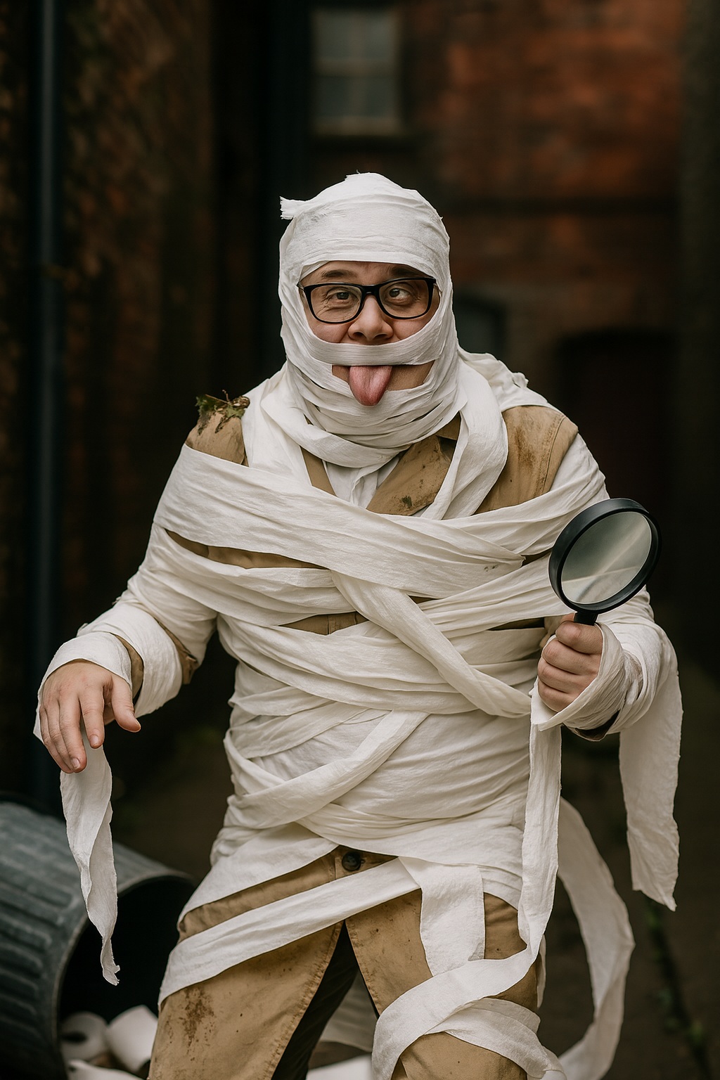 Paul is mummified in toilet paper in an alley as the gnomes close in.