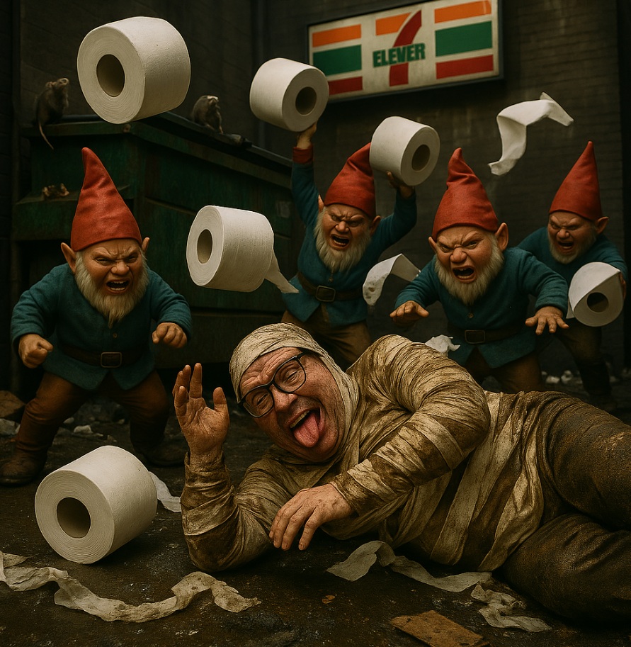 Gnomes pummel Paul behind a dumpster, leaving him filthy and humiliated.